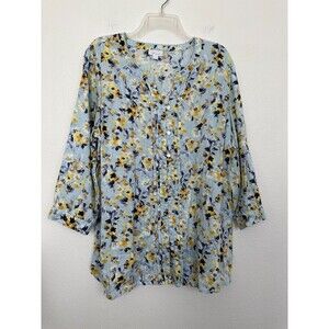 J Jill Love Linen Floral Tunic Top Button Down Blue 3/4 Sleeve Women's Large